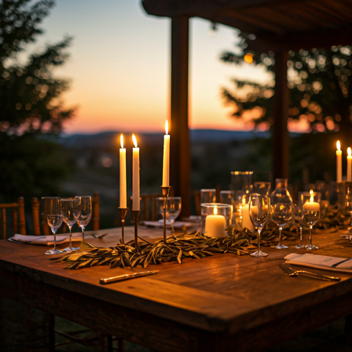 Romantic wedding reception table at sunset with candles, olive branches, and elegant glassware under a pergola