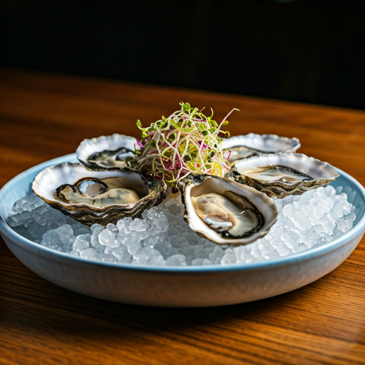 Elegant plating of fresh oysters on a bed of ice with a vibrant citrus dressing and microgreens