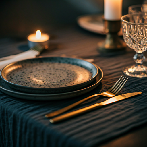 Close up of artisanal ceramic plates and gold cutlery on a dark textured tablecloth with candle light