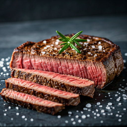 Close-up of a perfectly seared matured beef ribeye steak sliced to reveal a ruby red center with flakes of sea salt