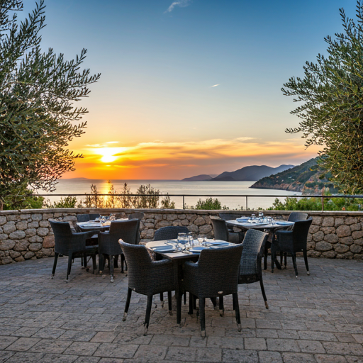 Outdoor dining terrace at sunset with views of the Mediterranean sea and olive trees in the foreground