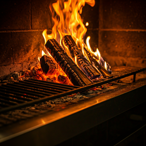 Cinematic wide shot of a wood-fired grill with orange embers and flickering flames in a sophisticated dark Mediterranean restaurant kitchen