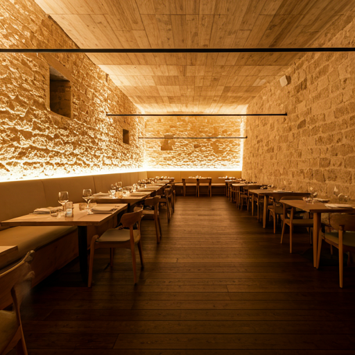 high-end restaurant interior with limestone walls, warm minimalist lighting, and rustic wooden furniture reflecting Mediterranean elegance
