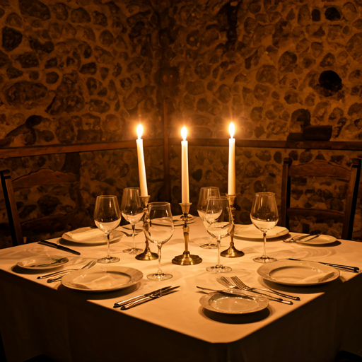 Intimate candlelit dinner setup for six people in a rustic mediterranean wine cellar atmosphere