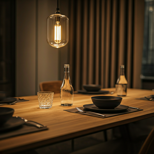 Elegant corporate meeting room with minimalist wooden table, high-end tableware, and warm ambient lighting