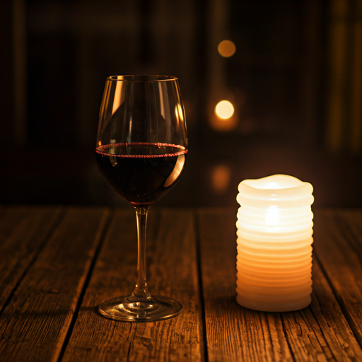 Close up of a hand-poured glass of red wine next to a lit candle on a rustic wooden table