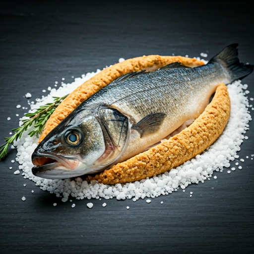 Whole sea bass being cracked open from its salt crust shell with aromatic herbs and lemon visible