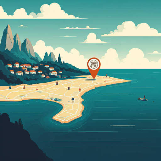 Stylized artistic map showing a coastal location with a pinpoint icon for a restaurant