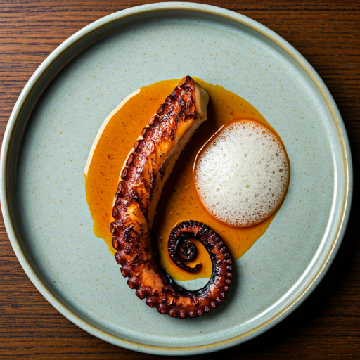 Top-down shot of charred octopus tentacle with red paprika oil and creamy potato foam on a handmade ceramic plate