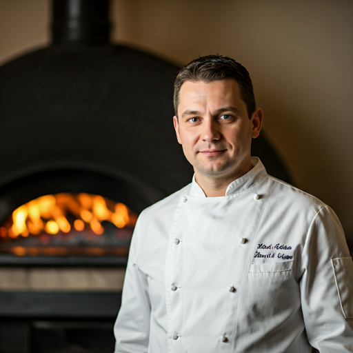 Portrait of a professional chef in a clean white uniform standing in front of a charcoal oven with soft, natural lighting