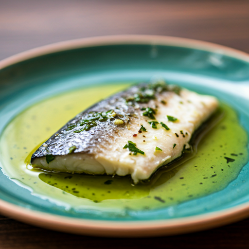 macro photo of a fresh Mediterranean fish dish with olive oil droplets and herbs on a handcrafted ceramic plate