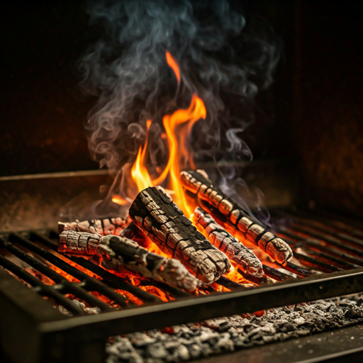 atmospheric close-up of a wood-fired grill with glowing orange embers and subtle smoke rising in a dark high-end kitchen setting