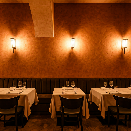 Interior of a luxury restaurant with warm terracotta walls, linen draped tables, and atmospheric soft lighting