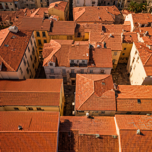 stylized architectural aerial view of a mediterranean coastal city street with warm terracotta rooftops and light sand colored buildings