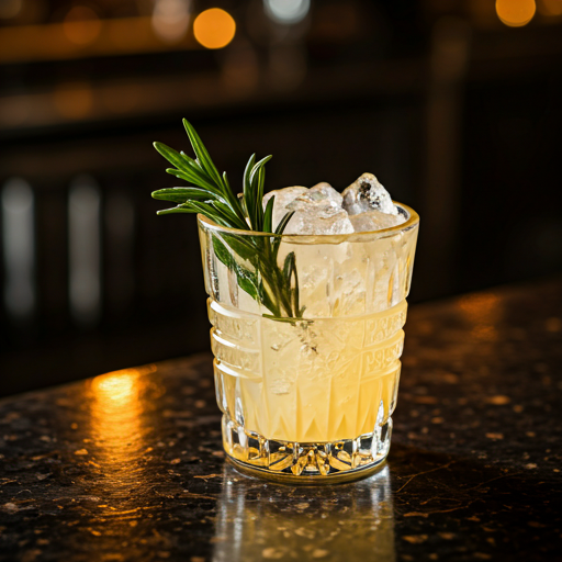Modern cocktail with a fresh herbal garnish on a dark textured bar counter with atmospheric lighting