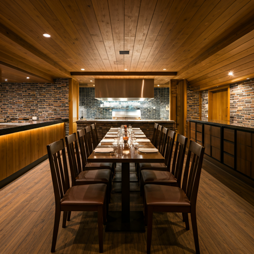 Indoor private dining room with warm wooden ceilings and view of the open kitchen grill