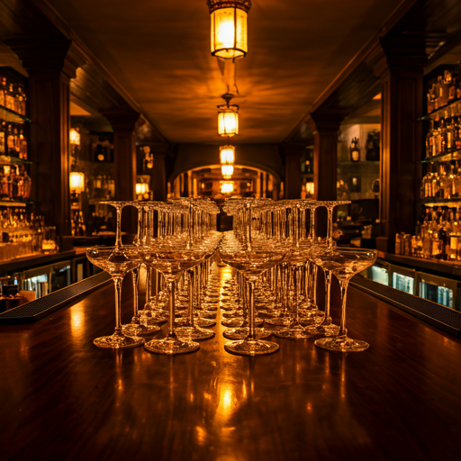 Atmospheric bar area with amber lighting, rows of crystal glasses, and high-end mediterranean decor