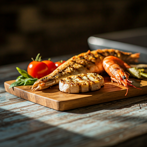 Close-up of fresh Mediterranean ingredients and grilled seafood on a rustic wooden table with warm afternoon sunlight and shadows