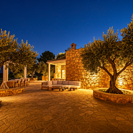 Spacious mediterranean terrace with stone walls, olive trees, and luxury lounge seating under the stars