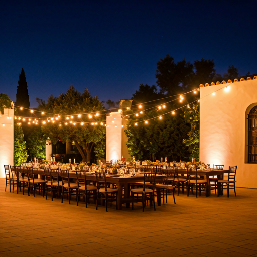 Luxurious outdoor evening event setup with long wooden tables, hanging fairy lights, and mediterranean architectural elements in soft warm lighting