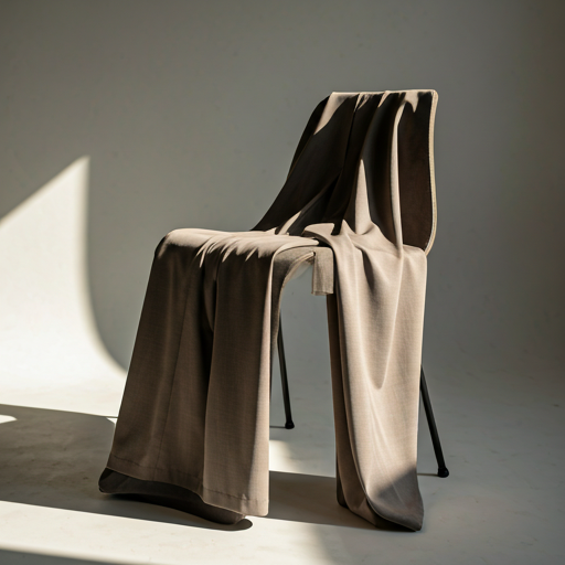 elegant wide-leg trousers in earthy taupe fabric draped over a minimal chair in a sunlit studio