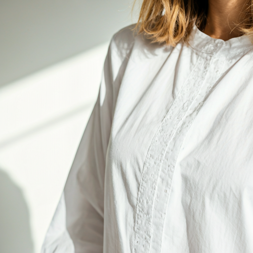 close up of an organic cotton white shirt with delicate stitching details in a bright airy setting