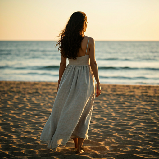 cinematic shot of a woman walking on a sandy beach at dawn wearing a flowing white linen dress