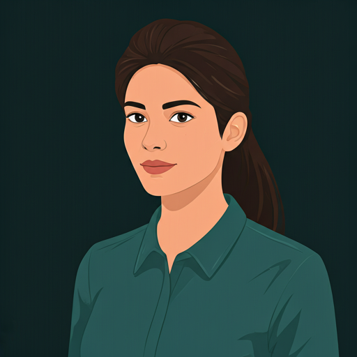 Portrait of a second female fashion designer, professional and creative atmosphere, minimal background, soft shadows