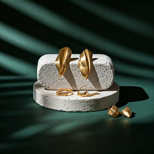 high fashion jewelry accessories including gold earrings on a stone pedestal with sharp shadows