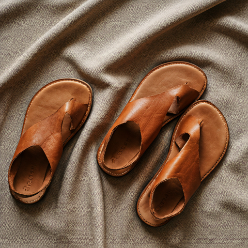 close up of sustainable fabric swatches in neutral tones and a pair of handmade leather sandals
