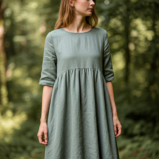 stylish organic linen dress in a muted sage color worn by a model in a natural outdoor setting