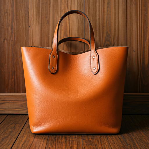 luxury handmade leather tote bag in a deep tan color resting on a wooden floor