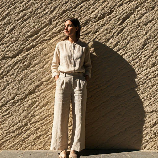 high fashion editorial photography of a woman in minimalist linen clothing standing against a textured limestone wall in soft afternoon sunlight