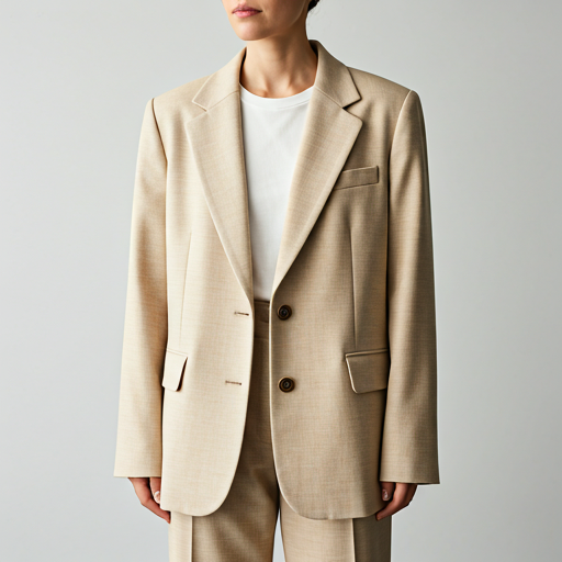 structured beige blazer in sustainable wool fabric styled with a white tee in a minimalist indoor environment