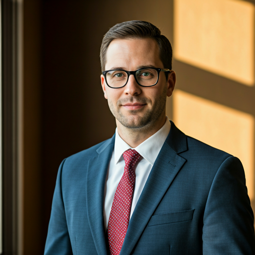 Professional headshot of a male associate, formal attire, iluminación cálida de despacho junto a una ventana, ambiente profesional