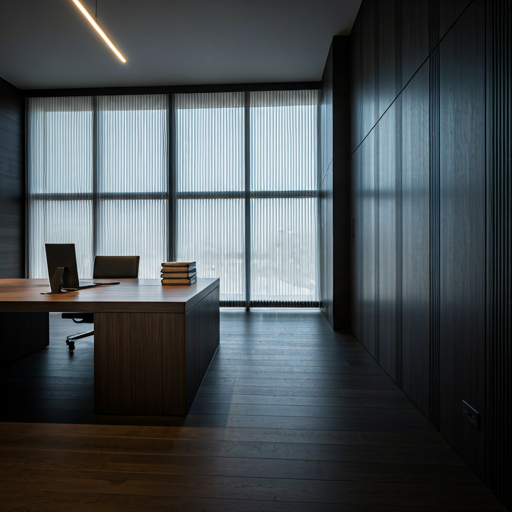 Interior of a modern high-end minimalist law office in Madrid with floor-to-ceiling windows and dark wood accents