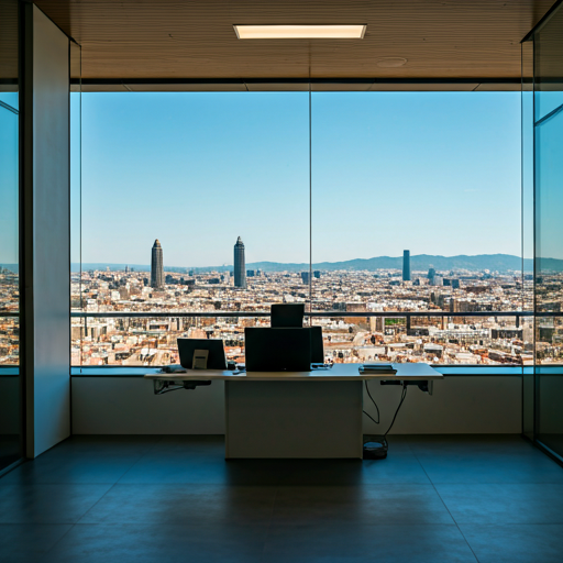 Modern legal consulting office in Barcelona overlooking the city skyline, professional and clean aesthetic