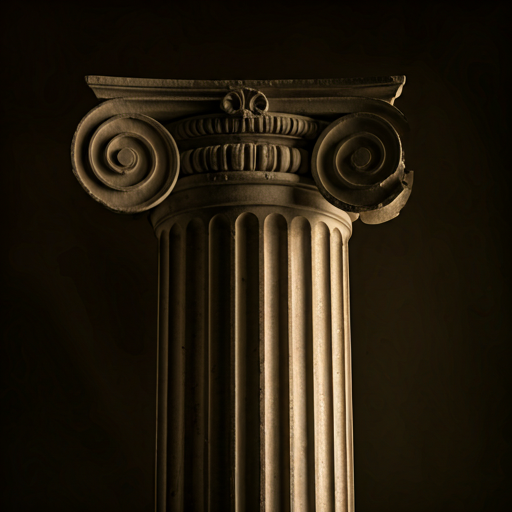 Abstract close-up of classical Greek column detail representing law and stability, dark atmospheric lighting