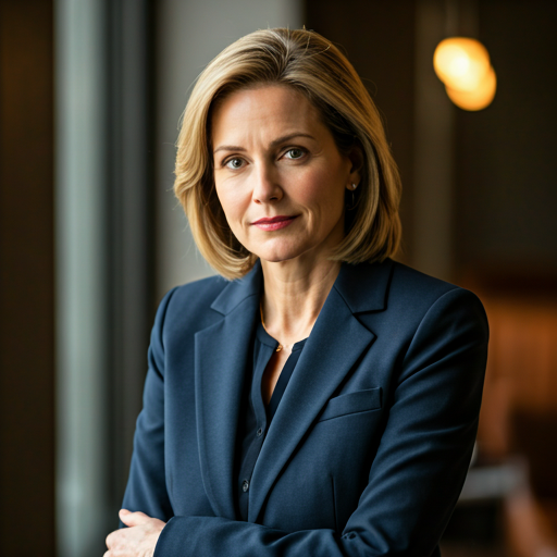 Professional portrait of a mature female attorney in a tailored navy blazer, intelligent gaze, soft natural window lighting, high-end office setting