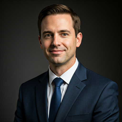 Professional headshot of a mid-30s male attorney, confident smile, cinematic lighting with soft shadows, minimal background