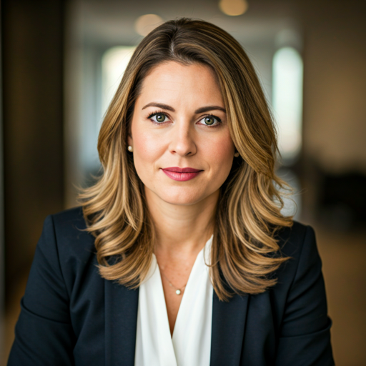 Professional headshot of a female lawyer in her 30s, sophisticated look, soft bokeh background of a modern office, morning light