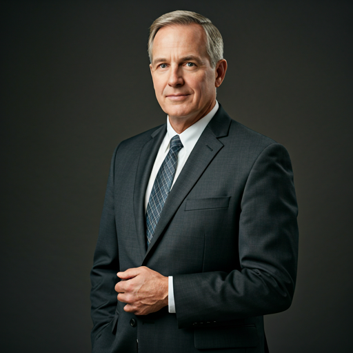 Portrait of a senior male attorney in a charcoal suit, confident expression, neutral studio lighting, editorial style photography