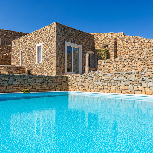 Exclusive villa architecture integrated into a rocky cliffside with private pool and stone textures