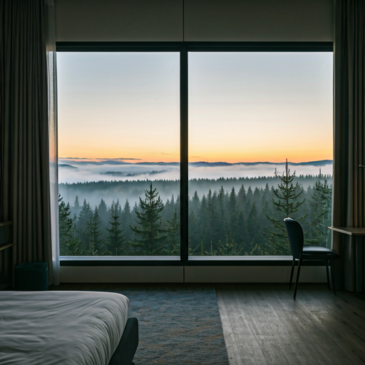 minimalist hotel suite with floor to ceiling windows overlooking foggy pine forest at dawn soft natural lighting