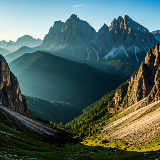 Majestic mountain peaks shrouded in soft morning mist with a serene green valley below and warm golden sunlight
