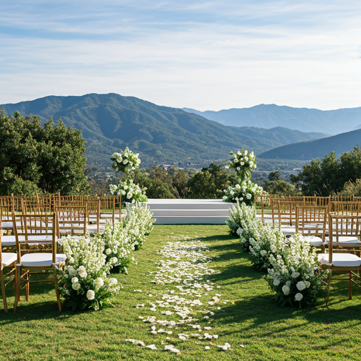 Luxury wedding ceremony setup in a field with white flowers and mountain views