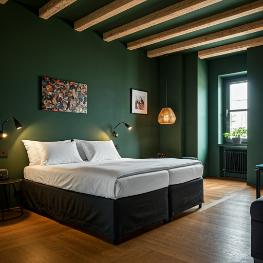 spacious boutique hotel room with dark green walls exposed wood beams and white linen bedding warm ambient light