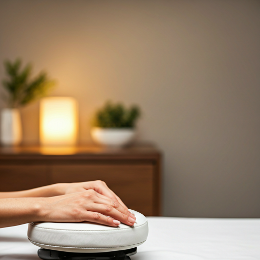 Delicate massage oil bottle next to a bundle of dried lavender on a textured ceramic plate