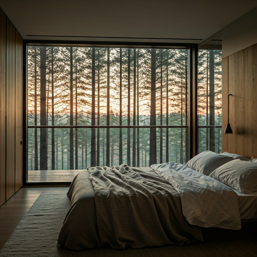 minimalist luxury suite with large floor-to-ceiling windows overlooking a misty pine forest at sunrise, neutral linen bedding and wood accents