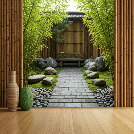 modern eco-conscious room with organic textures, bamboo accents and a view of a tranquil zen garden